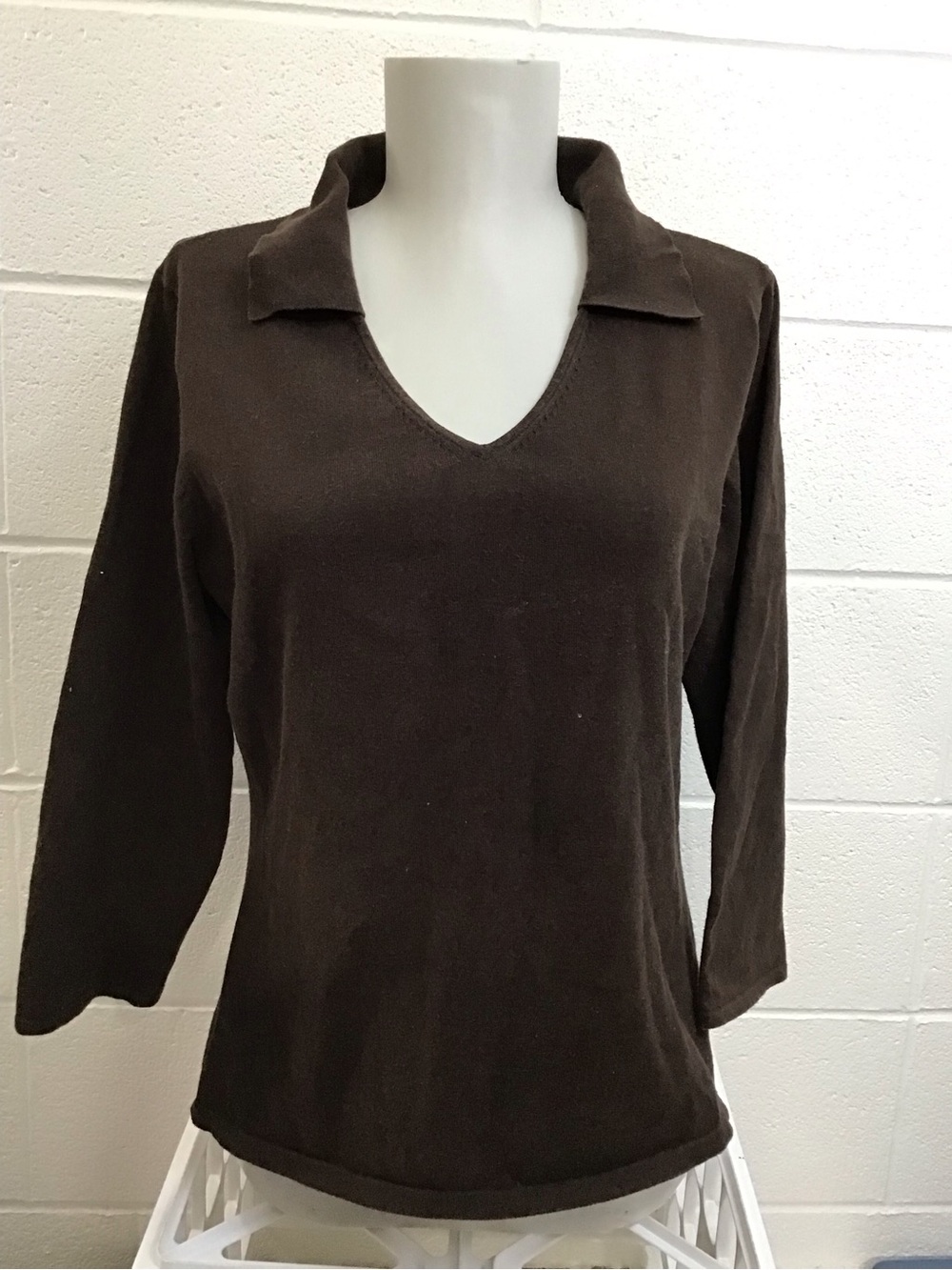 Talbots Women's Chocolate Brown 3/4 Sleeve V-Neck Collared Knit Cotton Top Large